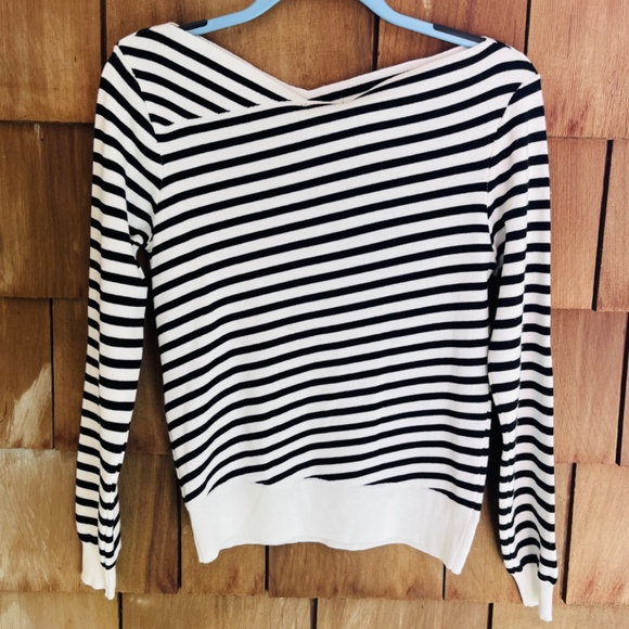 Gracia Asymmetrical Striped Boat Neck Embroidered Trim Sweater Size: Large. - Picture 13 of 16